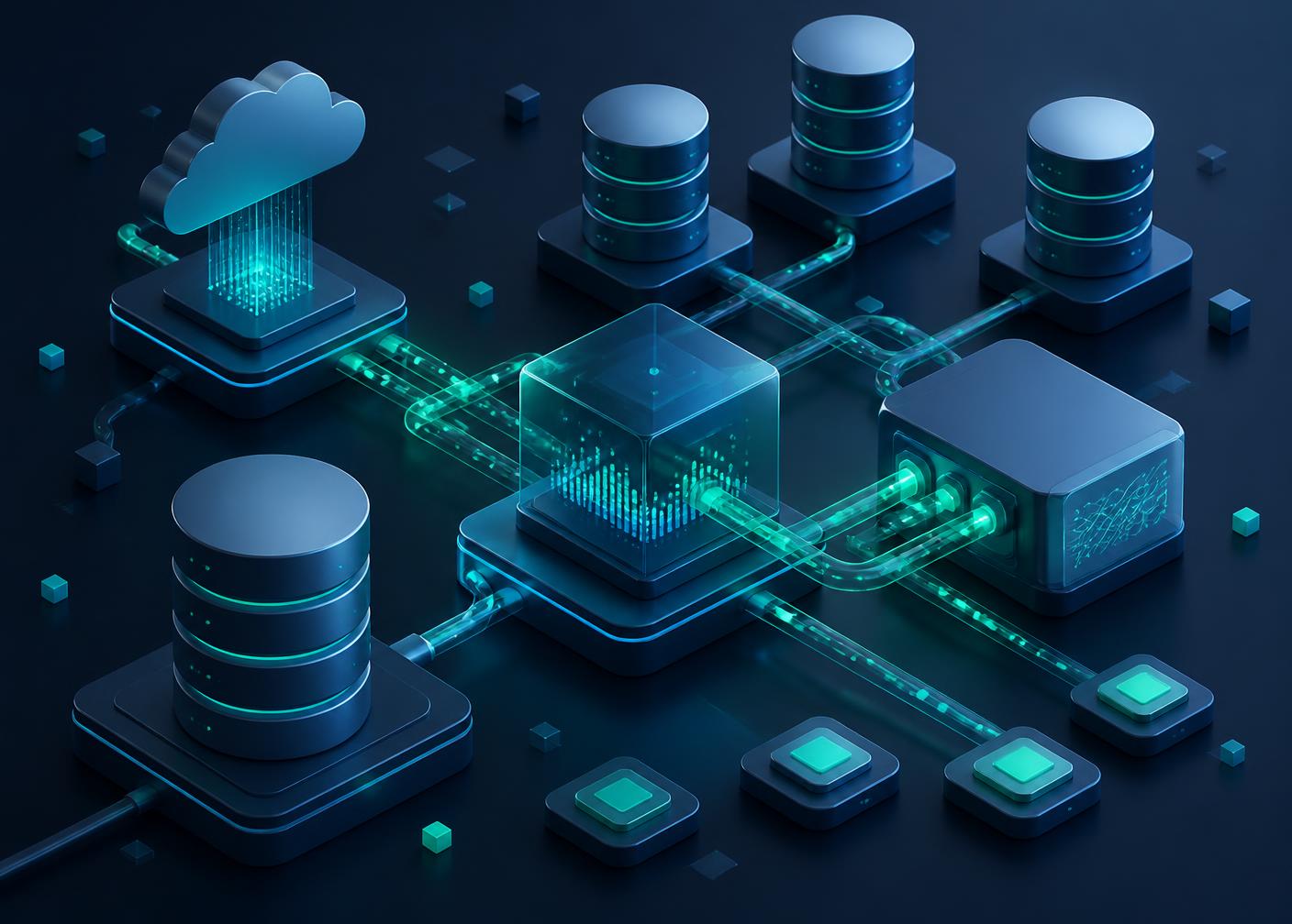 Isometric visualisation of cloud data pipelines feeding enterprise databases